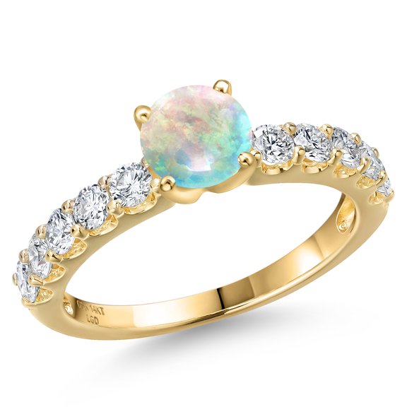 Gem Stone King 14K Yellow Gold Simulated White Opal and Lab Grown Diamond Engagement Ring for Women | 1.15 Cttw | Round Cabochon 5MM | Gemstone October Birthstone | Size 9