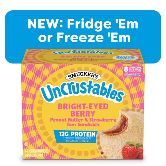 Smucker’s Uncrustables Bright-Eyed Berry Morning Protein Snacks, Peanut Butter & Strawberry Jam Sandwiches on Wheat Bread, 8 Count, 2.8 oz Each (Frozen)