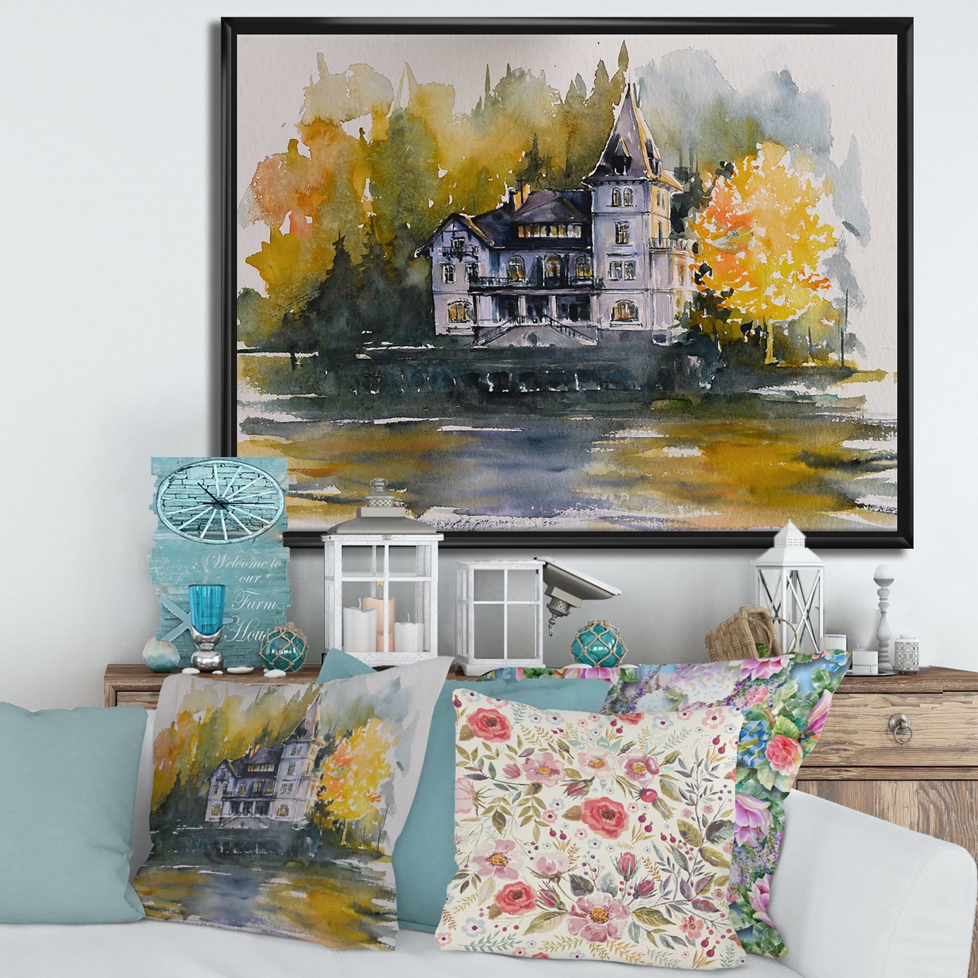 Designart 'Castle With Autumn Trees By The Lake' Lake House Framed Canvas Wall Art Print