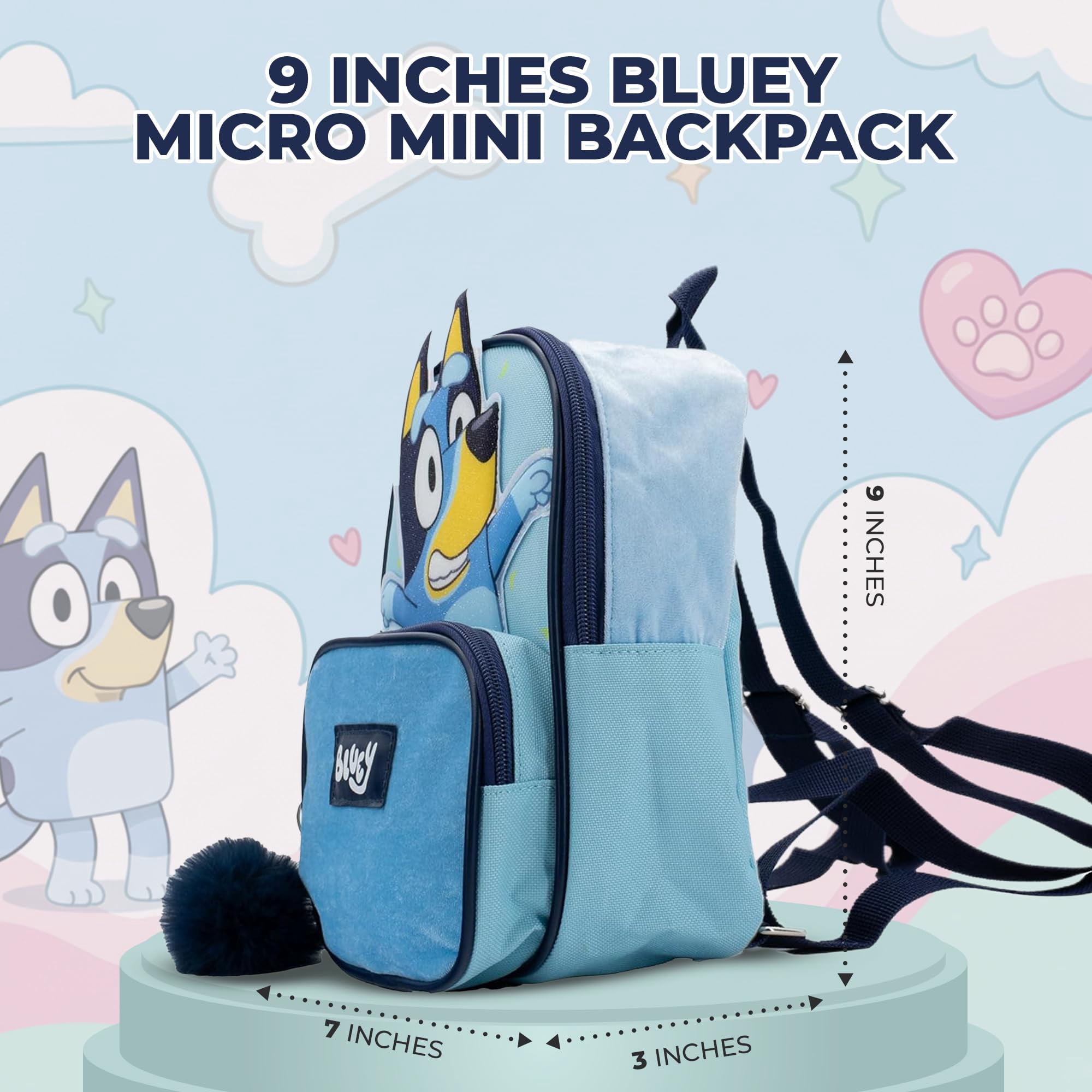 Bluey 9” Micro Mini Backpack Purse Featuring a 3D Bluey Glitter Patch with Pom Pom Dangle, Blue
