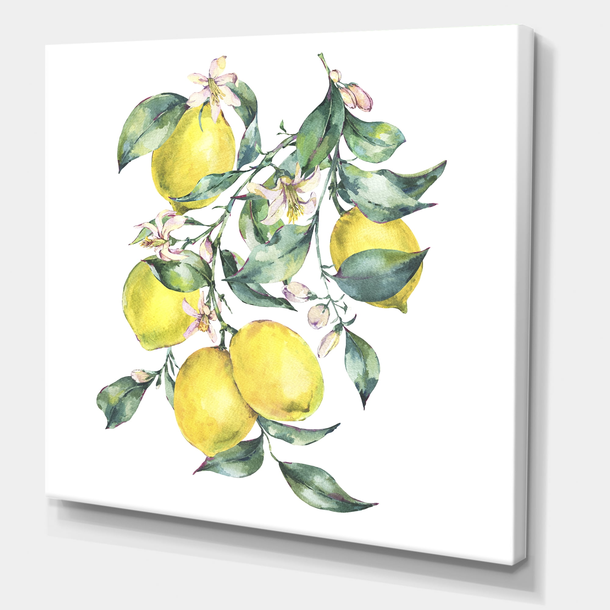 Branch of Leaves and Yellow Lemons I 30 in x 30 in Painting Canvas Art Print, by Designart