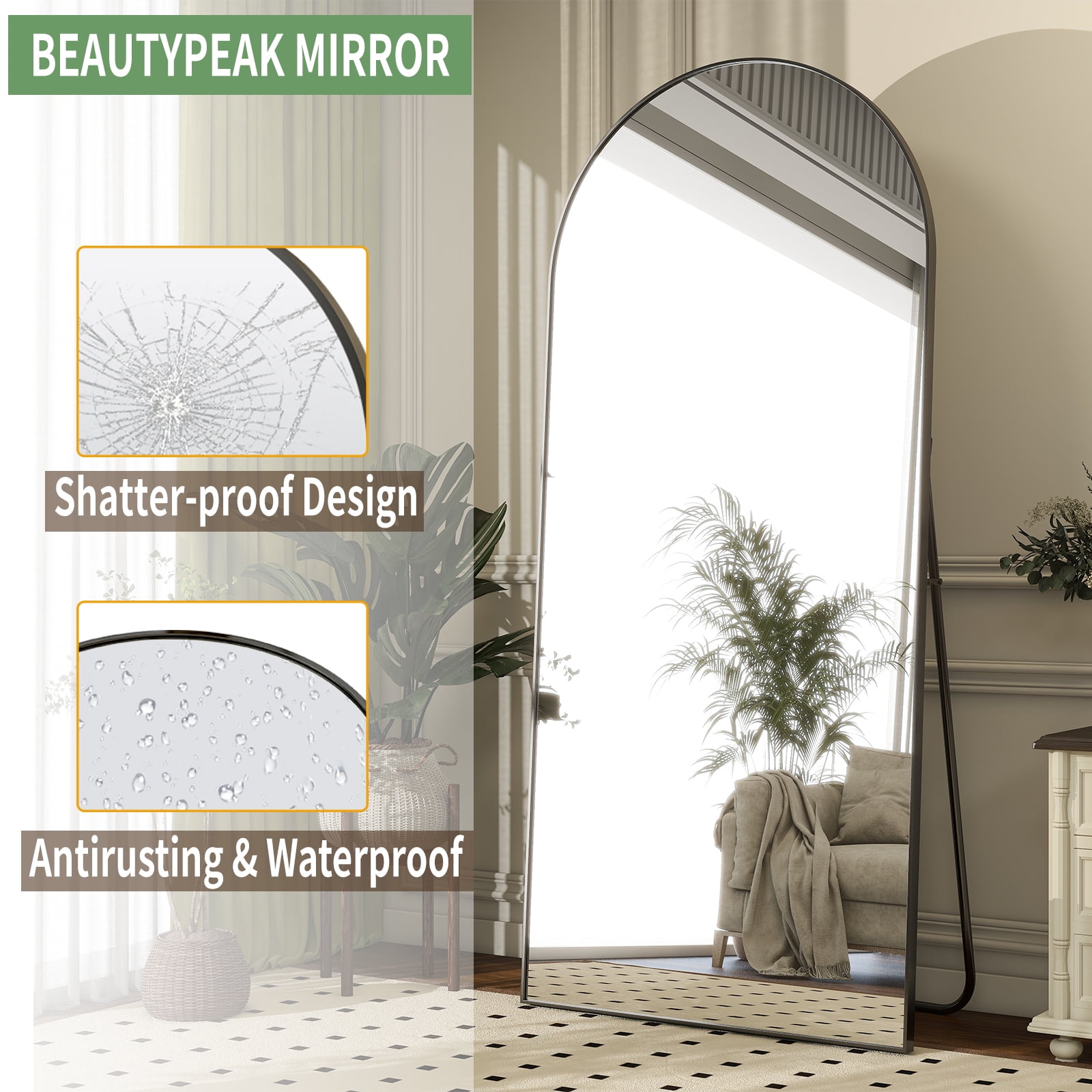 BEAUTYPEAK 76"x 35" Oversized Full Length Mirror Arch Standing Floor Mirror Full Body Mirror, Black  (图3)