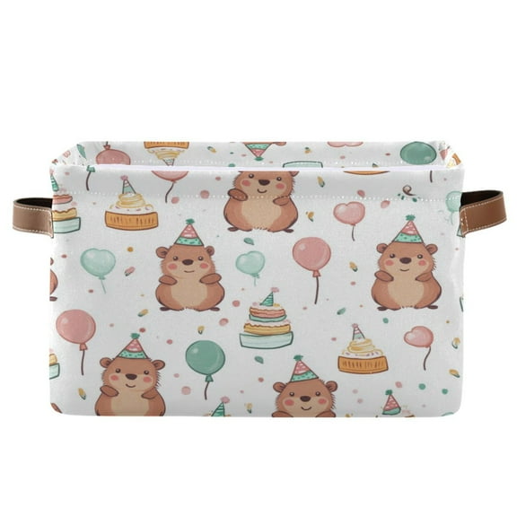 Capybara Wearing Party Hat Foldable Storage Basket,Canvas Fabric Foldable Storage Bins with Handles Open Home Storage Bins Boxes for Toy Book Shelf Closet Baskets