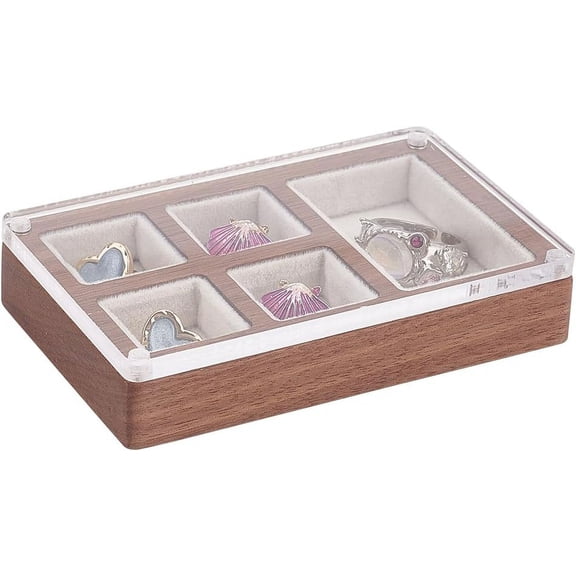 Walnut Jewelry Tray with White Velvet 3.7x2.3 Inch Wooden Clear Lid Small Jewelry Case for Collectibles Jewelry Display Showcase for Earrings Rings Bracelets and Watches for DIY