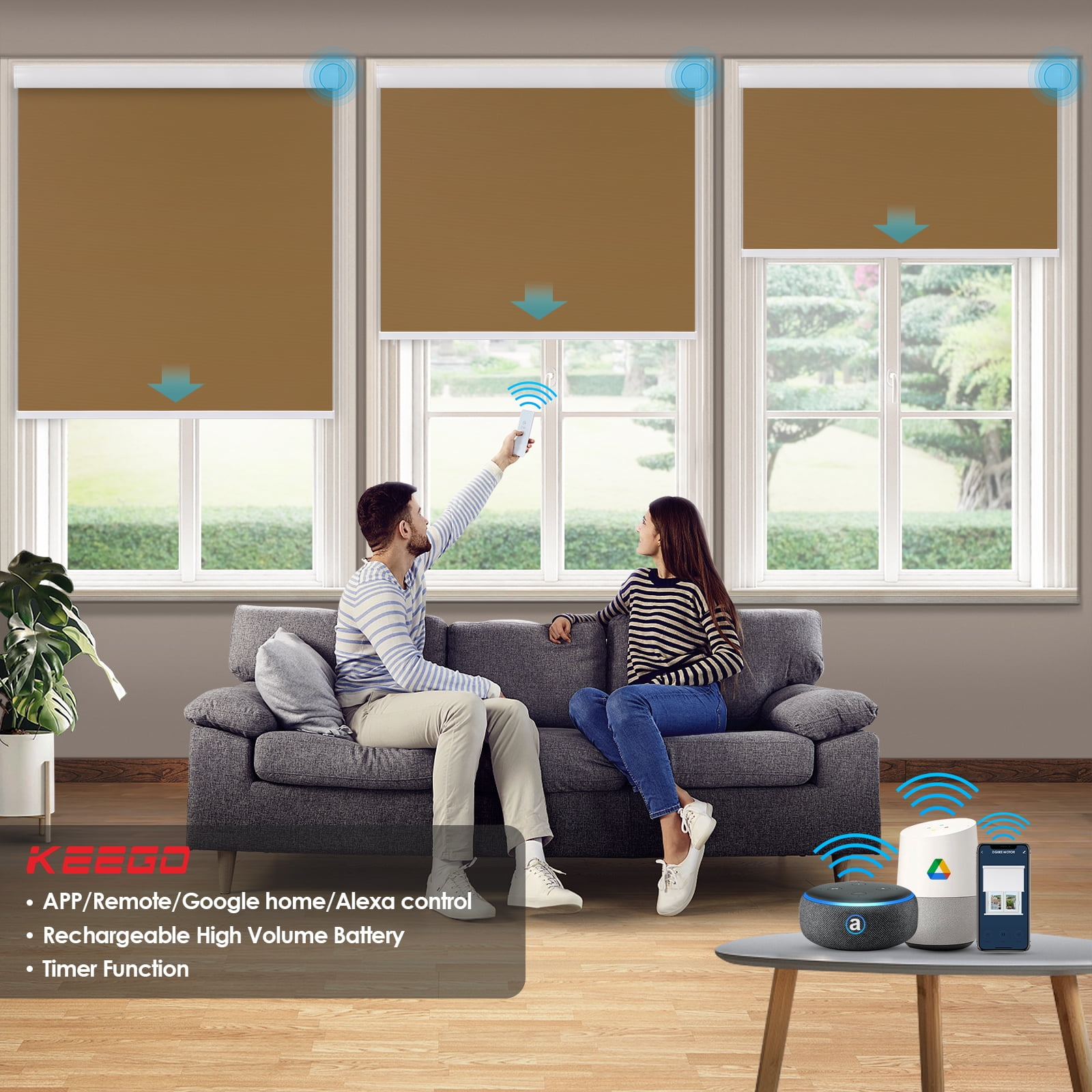 Keego Motorized Shade Remote Control App Control Voice Control Silent Rechargeable Blackout Roller Blinds Auto Window Blinds Chocolate 27.5 w x 86 h