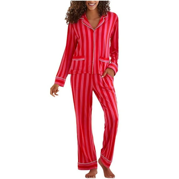 Tnhcen 2025 Women's 2 Piece Fashion Pajamas Set Long Sleeve Button Down Blouse Long Pants Homewear S-XL