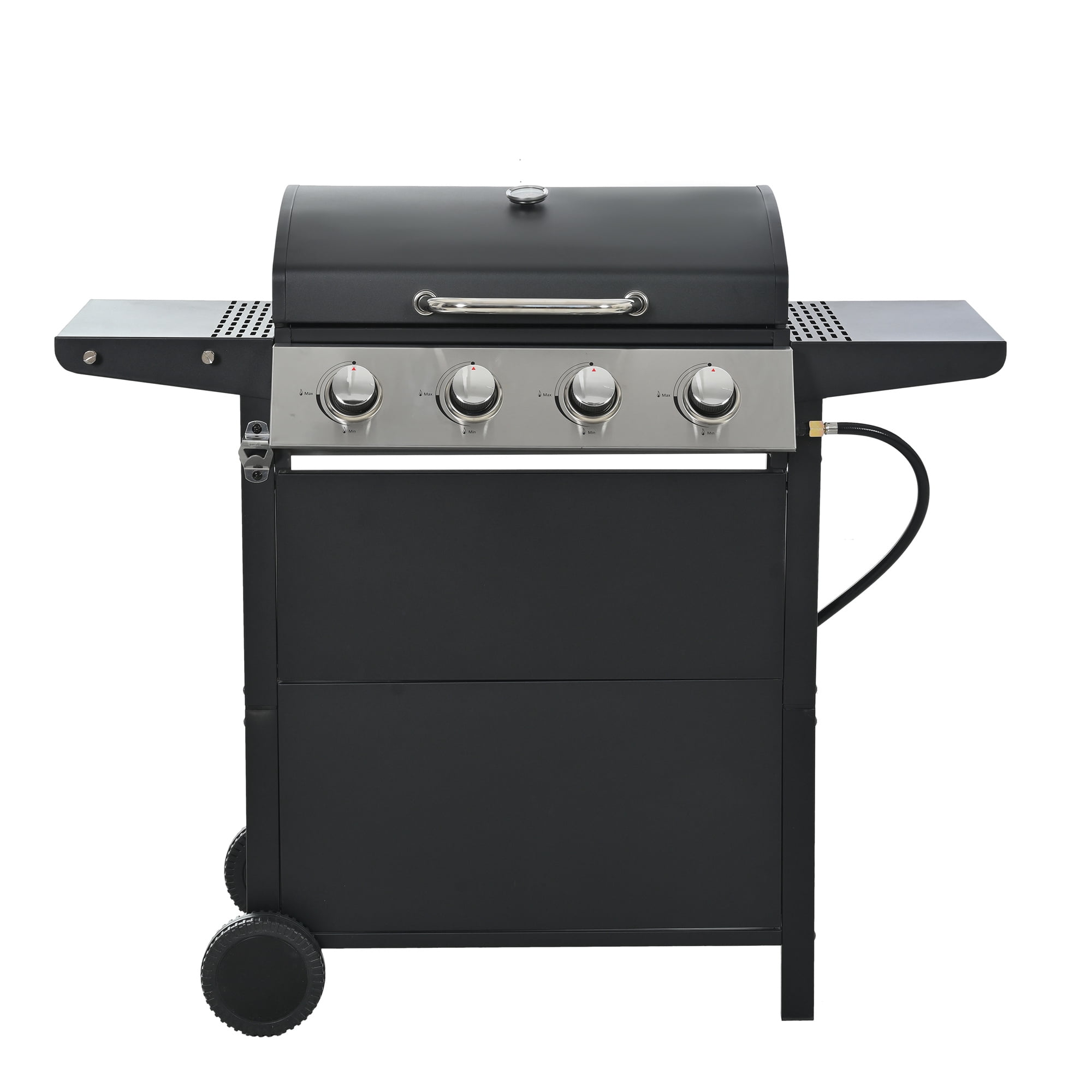 Minyam 4-Burner Propane Gas Grill with Side Shelves and Wheels, Stainless Steel