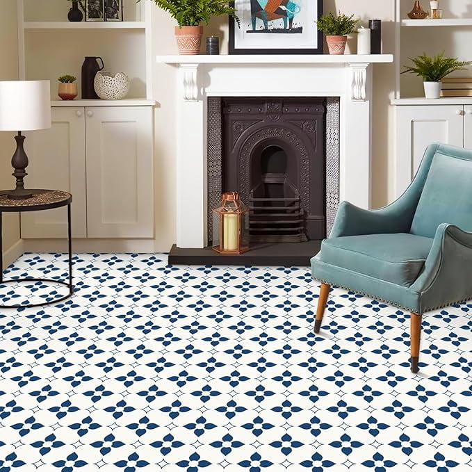 MORCART Peel and Stick Floor Tile Star Waterproof Vinyl Flooring DIY Flooring for Bathroom, Kitchen, Fireplace, Pet House, Stairs, Bedrooms, Wall, Store(20PCS,7.87" x 7.87",dark blue+white)