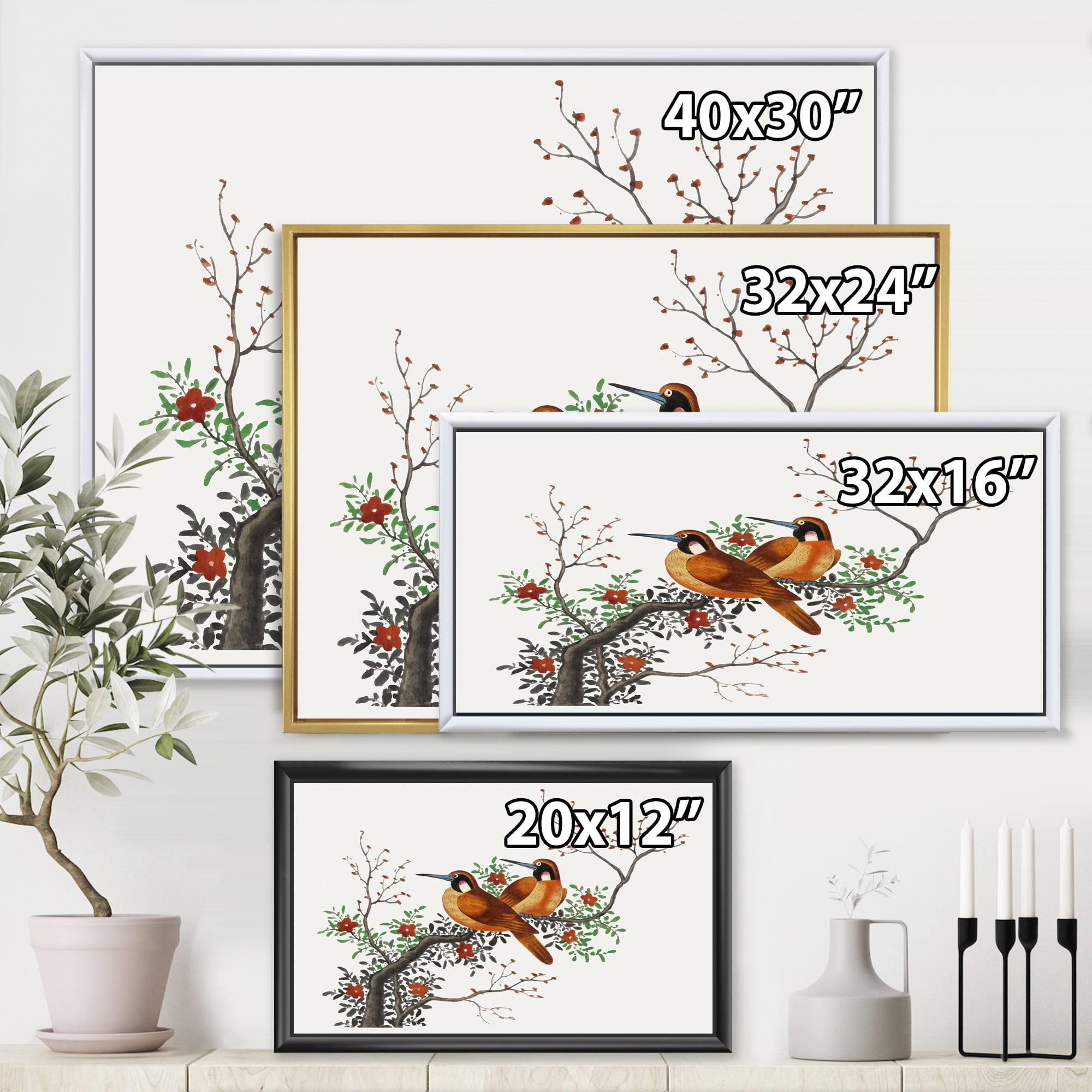 Designart 'A Flowering Tree Branch With Two Chinese Birds' Traditional Framed Canvas Wall Art Print