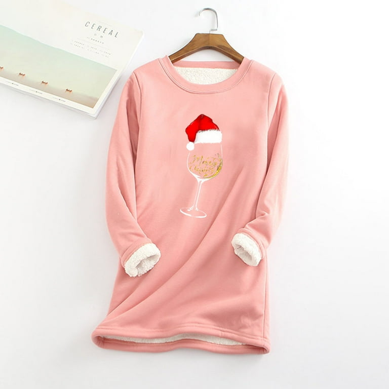 XFLWAM Womens Christmas Fuzzy Fleece Sweatshirt Winter Warm Red Wine Glass  Print Pullover Tops Casual Loose Xmas Blouse Pink XXL 