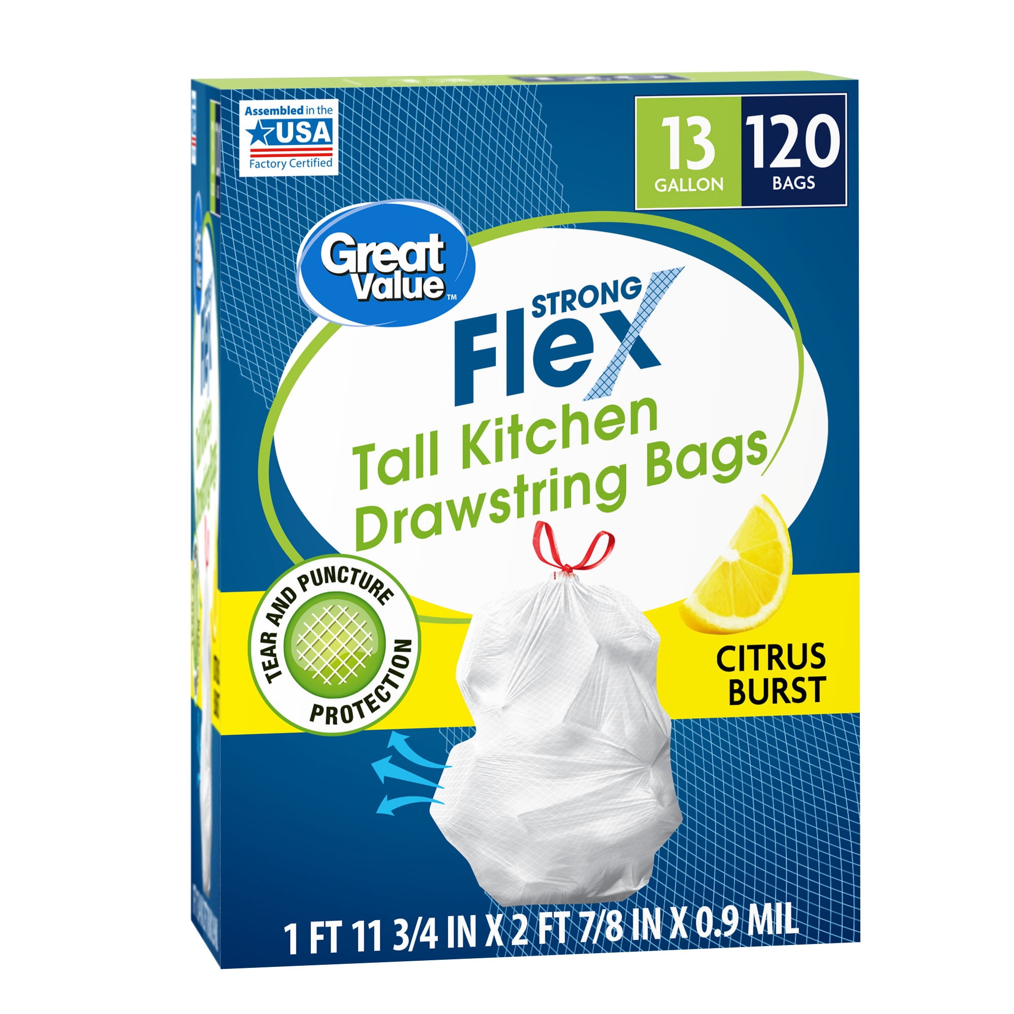 Great Value Tall Kitchen Trash Bags, 13 Gallon, 120 Bags (Strong Flex