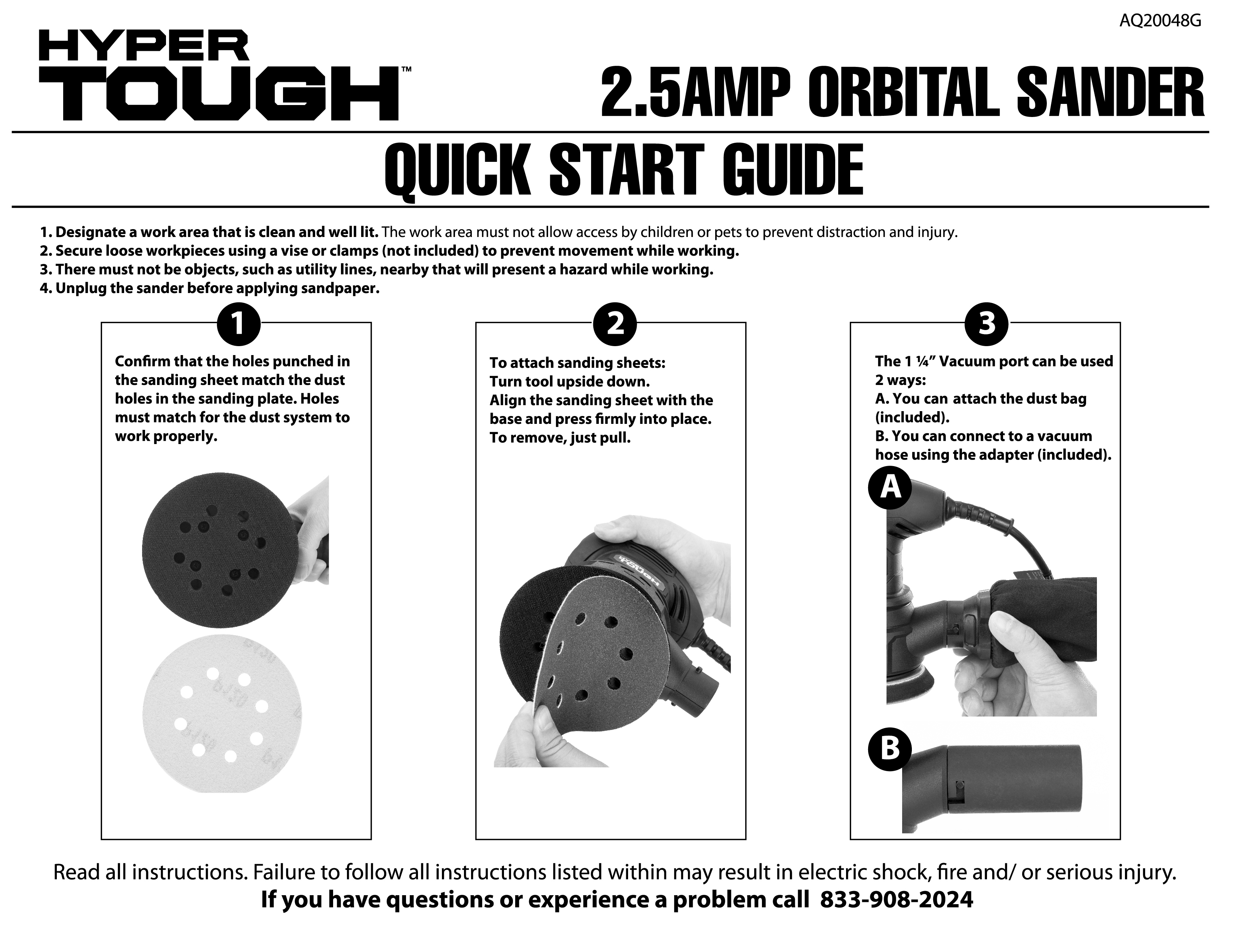 HYPER TOUGH 2.5 AMP CORDED 5 INCH ORBITAL SANDER WITH DUST BAG, VACUUM HOSE ADAPTER & 3 SANDING SHEETS, NEW CONDITION