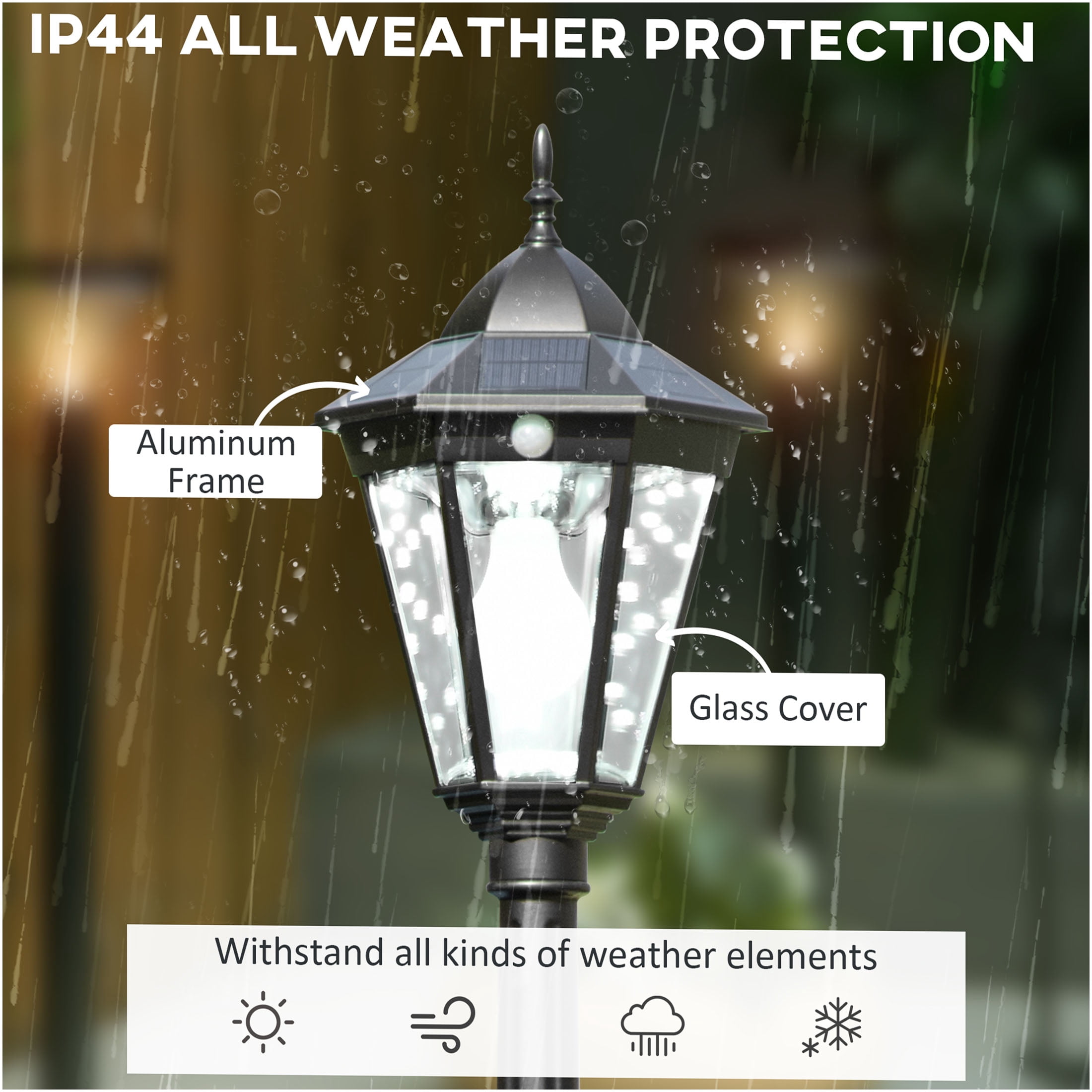 JERFIT Solar Powered Lamp Post Light with Motion Sensor, Dusk to Dawn Outdoor Street Light for Garden Lawn Pathway Driveway, Weatherproof Aluminum, Black