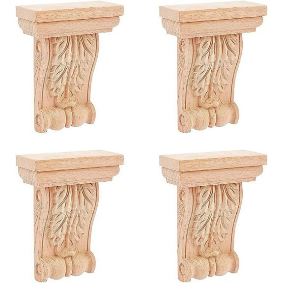 4PCS Natural Solid Wood Carved Onlay Applique 4x3.1inch Burlywood Decorative Wood Applique Wooden Appliques and Onlays for Furniture Doors Bed Door Ornamental Decor for diy
