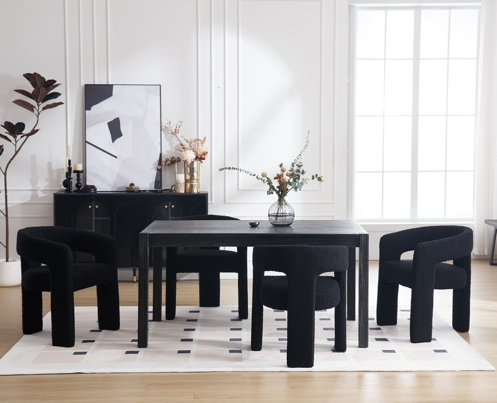Guyou Modern Faux Fur Upholstered Dining Chair, Cute Barrel Side Armchair Kitchen Chair with Armrests and Back for Living Room Dining Room Bedroom, Black
