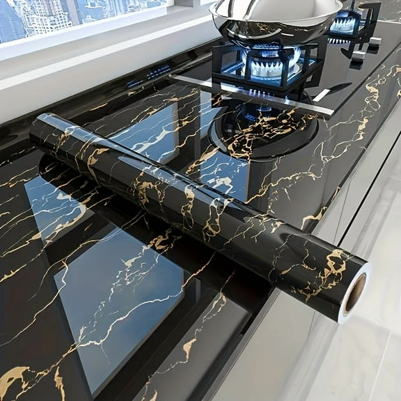 Luxury Black Marble Wallpaper - Self-Adhesive Large Kitchen Backsplash with Golden Veins 23.62x196.85 Inch, Easy Installation for Modern Home Decor