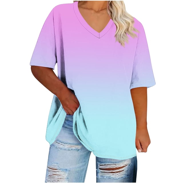 Daiosportswear Womens Oversized Shirts V Neck Plus Size Spring Workout Summer Tops Beach Vacation,Two-color gradient Light Blue L(L)