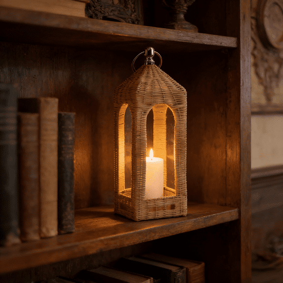 NANIL 14" Modern Rattan Lantern, Hand-Woven Cathedral Arch Candle Holder, Natural Wicker Hurricane for Pillar Candles, Rustic Boho Decor for Tabletop Mantel Shelf Indoor Outdoor