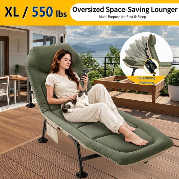 XL Folding Camping Cot,Sleeping cot, 6-Position Adjustable Reclining Lounge Chair with Padded Mattress, Built-In Pillow, 550 LBS Heavy Duty Portable Folding Bed for Outdoor, Indoor