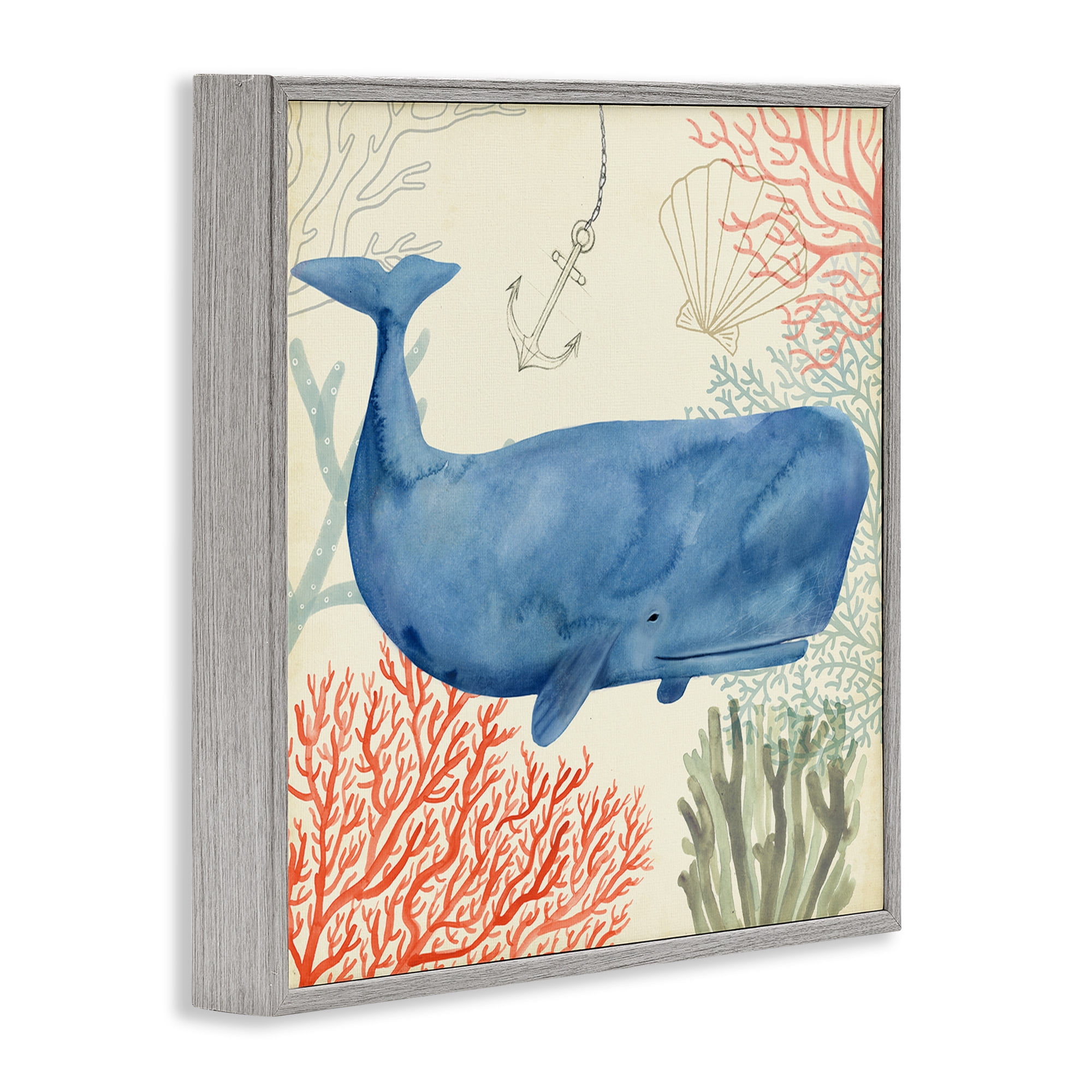 Stupell Industries Underwater Whimsical Whale Watercolor Animals & Insects Painting Gray Framed Art Print Wall Art, 24 x 24