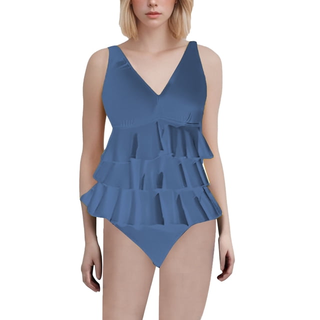 Duoif Maillot de Bain une Pièce pour Femmes, Maillot de Bain à Volants, Robe de Bain Rétro Couvrante, Maillots de Bain Contrôle du Ventre pour Femmes, Marine TG