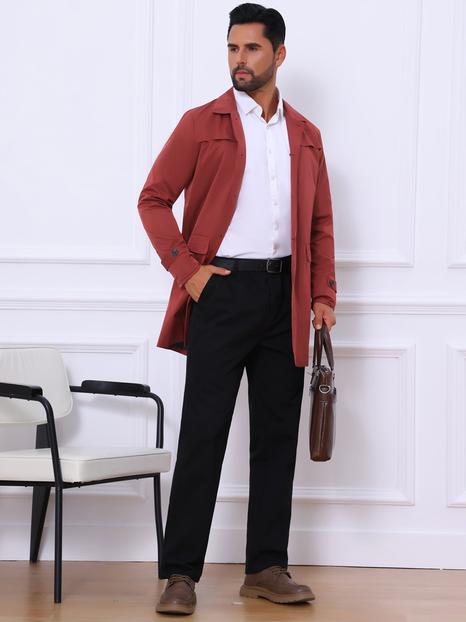 DARING DIVA Men's Trench Coat Lightweight Single Breasted Jacket Overcoat S Burgundy