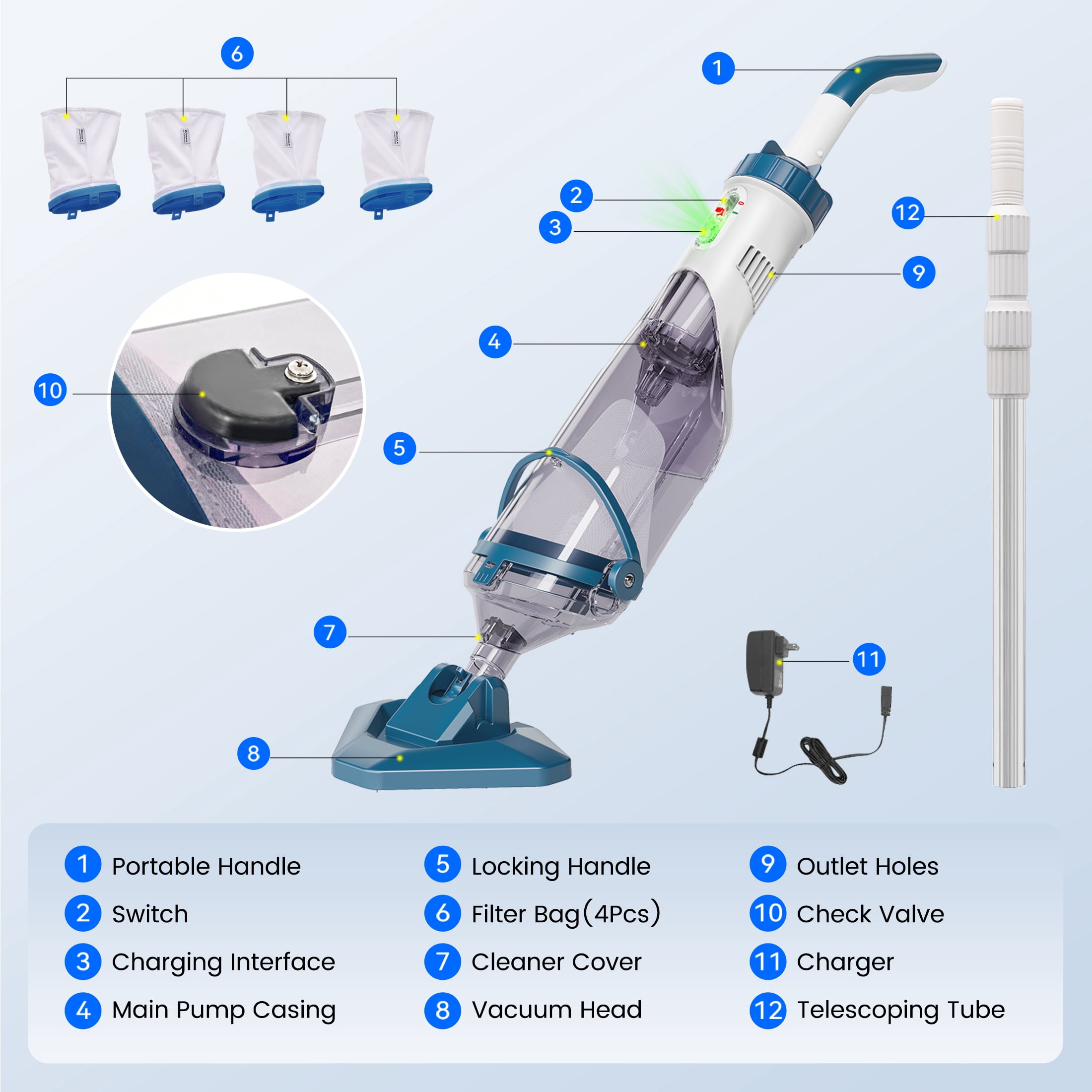 Cordless Pool Vacuum, Handheld Pool Vacuum for Above Ground Inground Pools, Spas and Hot Tubs, 60-Minute Runtime, Powerful Suction up to 18.5 gallons/min, Efficient Leaf and Debris Removal
