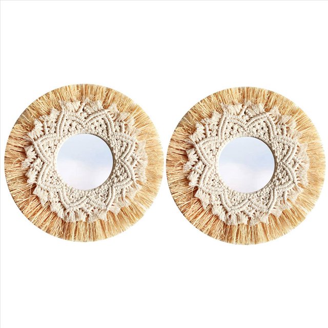 2X Nórdico Tejido de Paja Hotel Bed Y Breakfast Pared Boho Decoración Espejo Tejido Una Mano Decoración de Pared Macramé Espejo