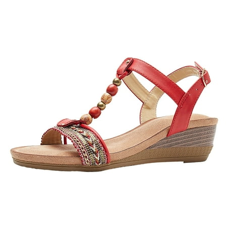 

Womens Sandals Women s Summer Sandals Roman Large Size Sandals Retro Beaded Bohemian Sandals Orthopedic Sandals for Women Summer Sandals for Women 2024(Color:Red Size:US 8)