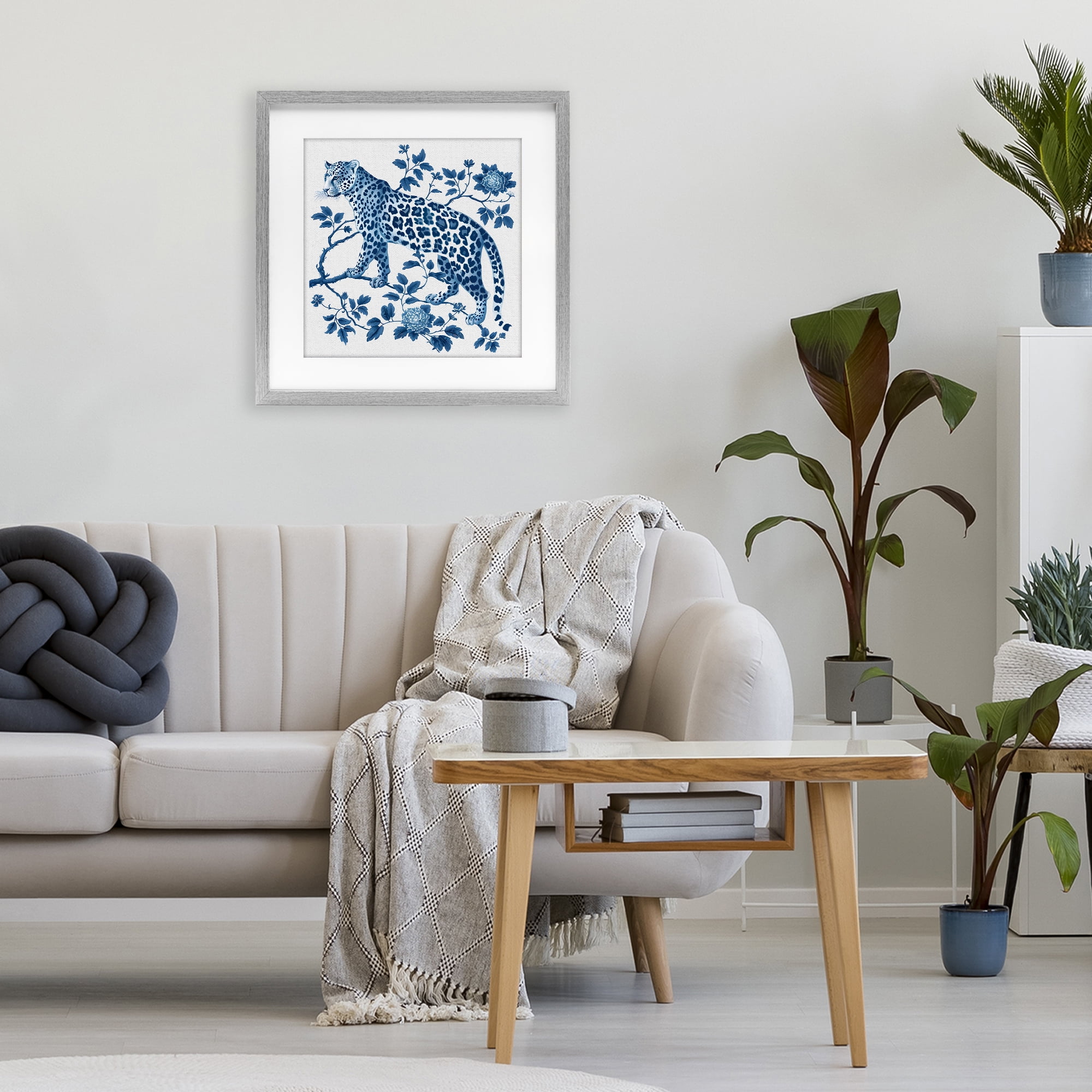 Traditional Ornate Floral Leopard Gray Framed Print Under Glass, design by Lettered and Lined