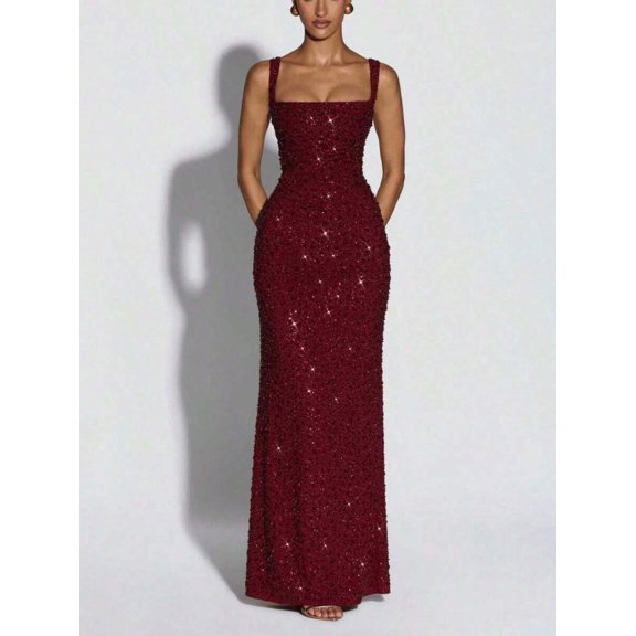 Dark Red (26003) Womens Slim-Fit Bodycon Evening Gown With Sequin Embellishment And Square Neck Spaghetti Straps