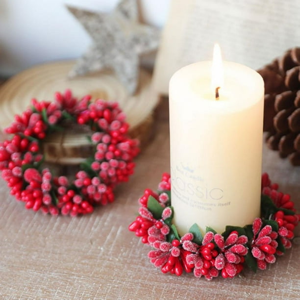 4 Pieces Christmas Candle Ring Artificial Berry Candle Rings Mini Pip Berry Wreath for Home Wedding Living Room and Christmas Holiday Table