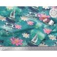 thumbnail image 3 of Soimoi Green Rayon Crepe Fabric Yacht & Lotus Flower Print Sewing Fabric BTY 46 Inch Wide, 3 of 3