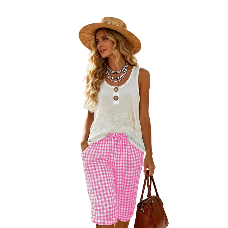 aohooy Womens Plaid Pajama Shorts Plus Size Linen Casual Beach