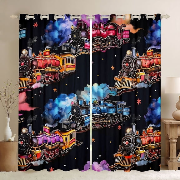 Manfei Vintage Train Kitchen Curtains,Colorful Railway Black Out Curtains Pack of 2 (42x63 Each)