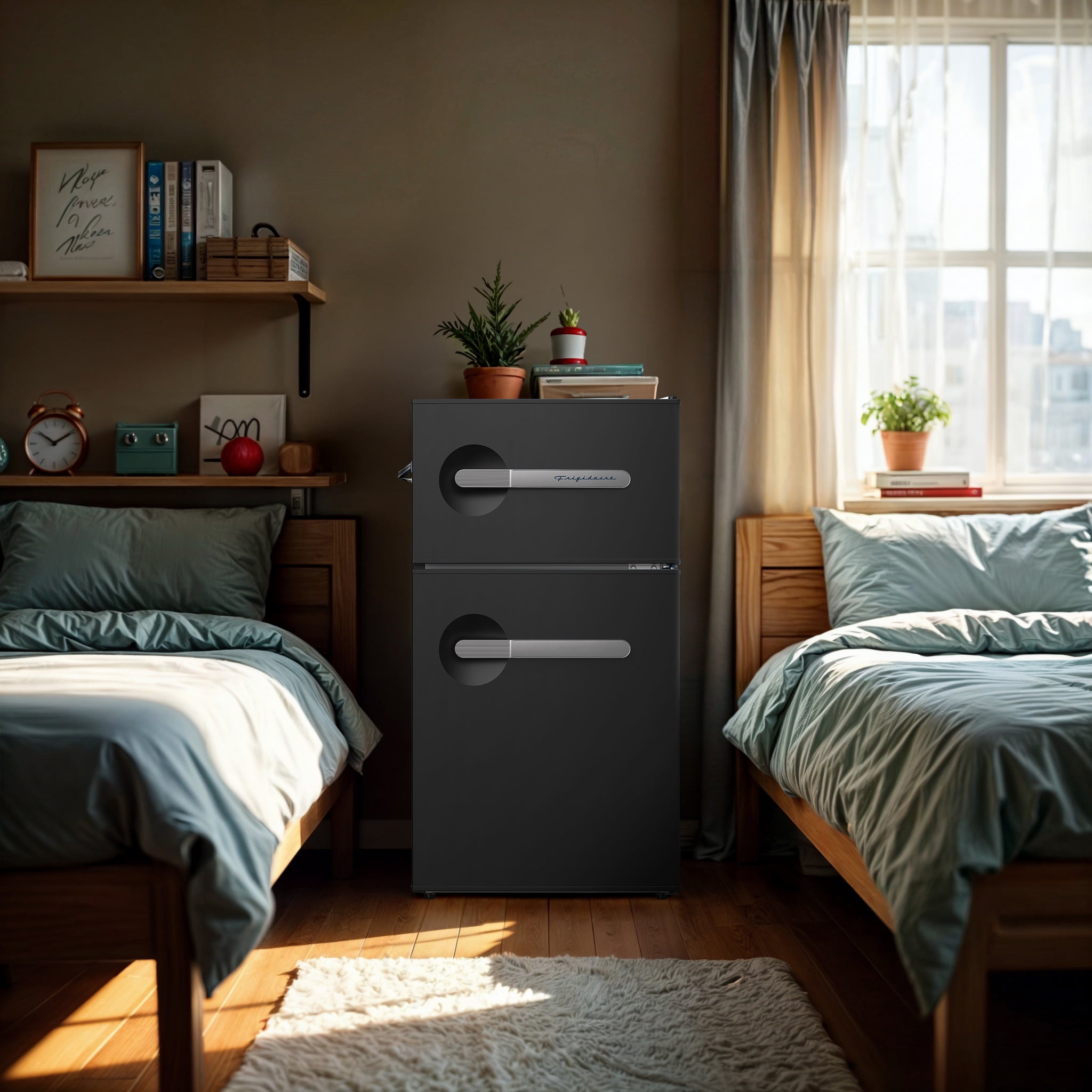 Frigidaire 3.1 Cu. ft. Compact Refrigerator with Freezer Compartment, 2-Door Retro Fridge with Built-in Side Bottle Opener, Black