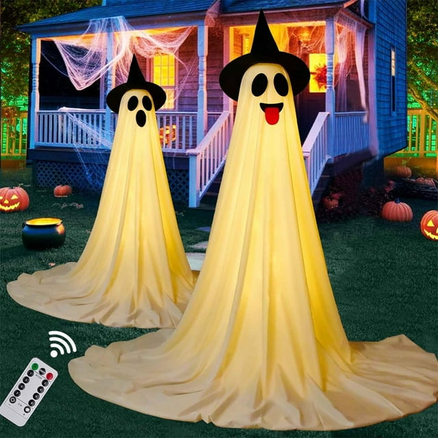2Packs Halloween Decorations Outdoor, Cute Halloween Decorations Indoor, DIY Ghost Kit Decor with Witch Hat Remote for Front Porch Yards Gardens Lawn with Remote Control LED String Lights
