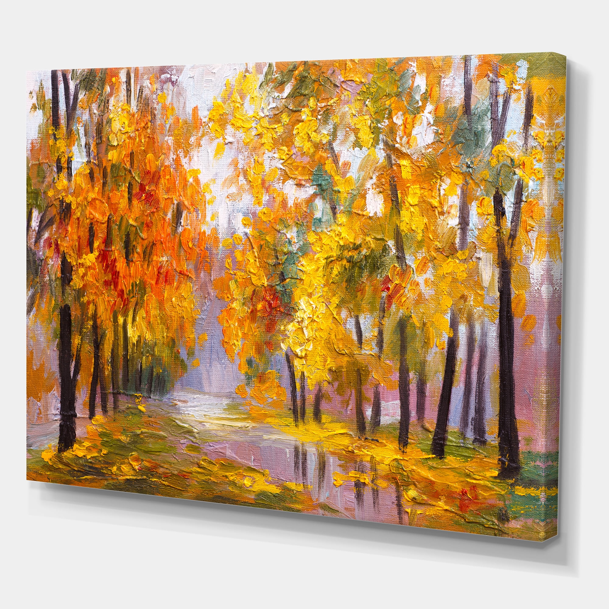 Designart ' Forest Full Of Fallen Leaves In Autumn Along River ' Lake House Canvas Wall Art Print