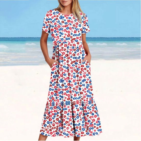 gljltg Women's Casual Flower Print Tiered Maxi Dress with Pockets, Polyester Spandex Lightweight Breathable Summer Winter, Beach Travel Work Party Outfit, Easy Care Washable