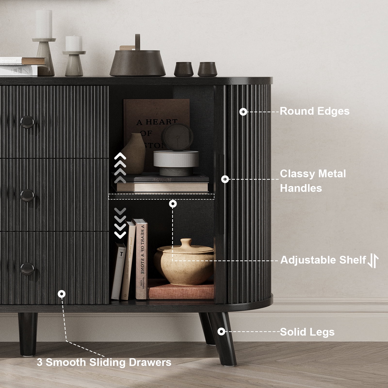 Hommoo Sideboard Buffet Cabinet with 2 Sliding Tambour Doors and 3 Drawers, Credenza Storage Cabinet with Adjustable Shelves for Living Room, Black