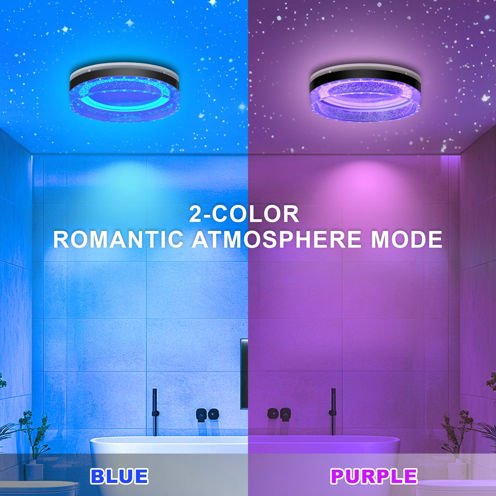 Akicon 110CFM 1.5 Sones Bathroom Exhaust Fan with Light, 1000lm Dimmable 4 - Color Acrylic Starry Sky Light & 2700K Nightlight Ventilation Fan for Home, Round, Black