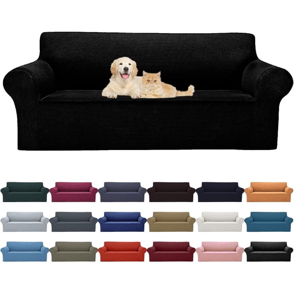 2026 New Stretch Sofa Slipcovers Couch Cover for 3 Cushion Furniture Protector Sofa Covers with Elastic Bottom Jacquard Fabric Small Checks for Pets, Kids -Sofa, Black