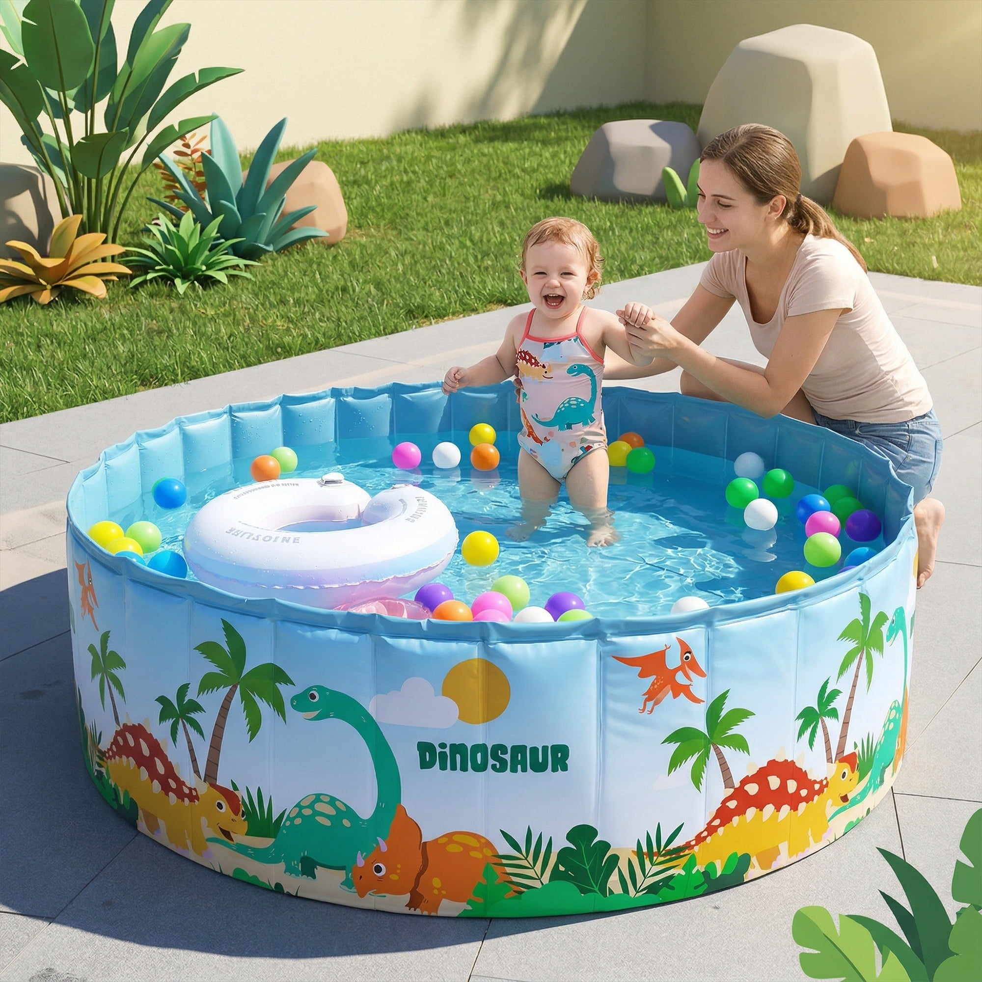 Everkeen 63" Large Foldable Swimming Pool for Kids, Hard Plastic Anti-Slip Dog Pool Indoor Outdoor Kiddie Family Pool
