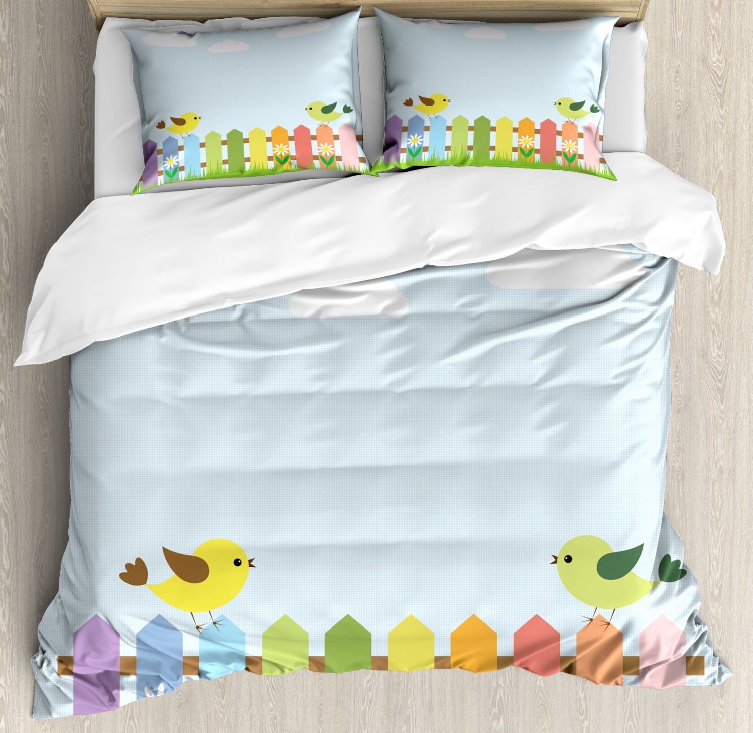 Vintage Rainbow King Size Duvet Cover Set, Birds on a Colorful Fence on