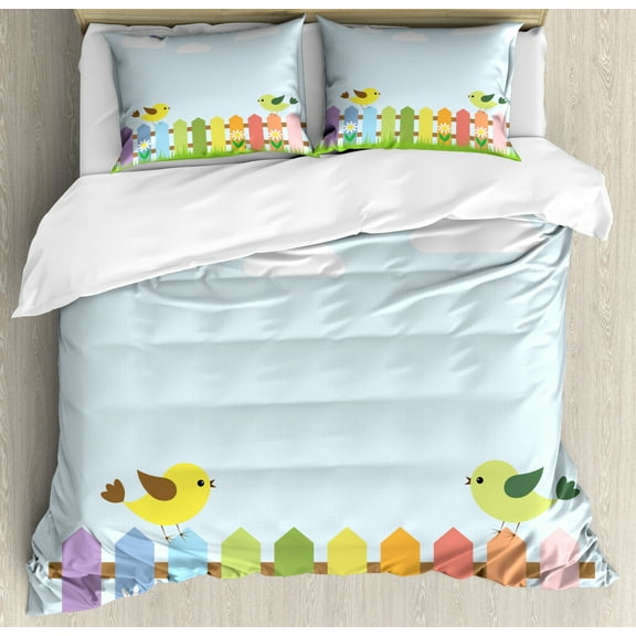 Vintage Rainbow King Size Duvet Cover Set, Birds on a Colorful Fence on Checkered Squares Gingham Pattern Background, Decorative 3 Piece Bedding Set with 2 Pillow Shams, Multicolor, by Ambesonne