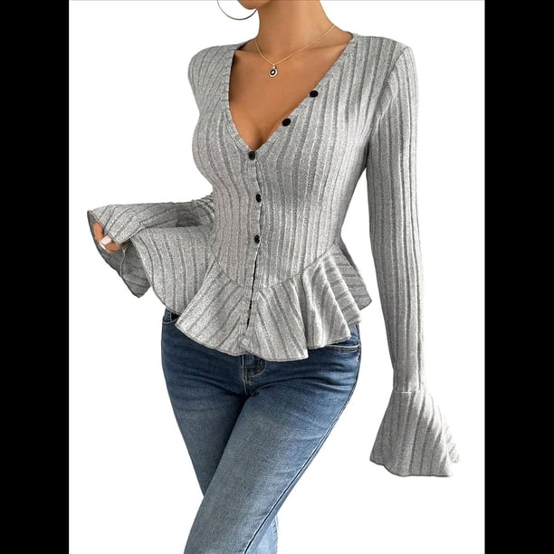 Camiseta Elegante de Larga con Cuello en V para Mujer, Otoño e Invierno, con Volantes, Corte Entallado y Mangas Acampanadas Gris XL