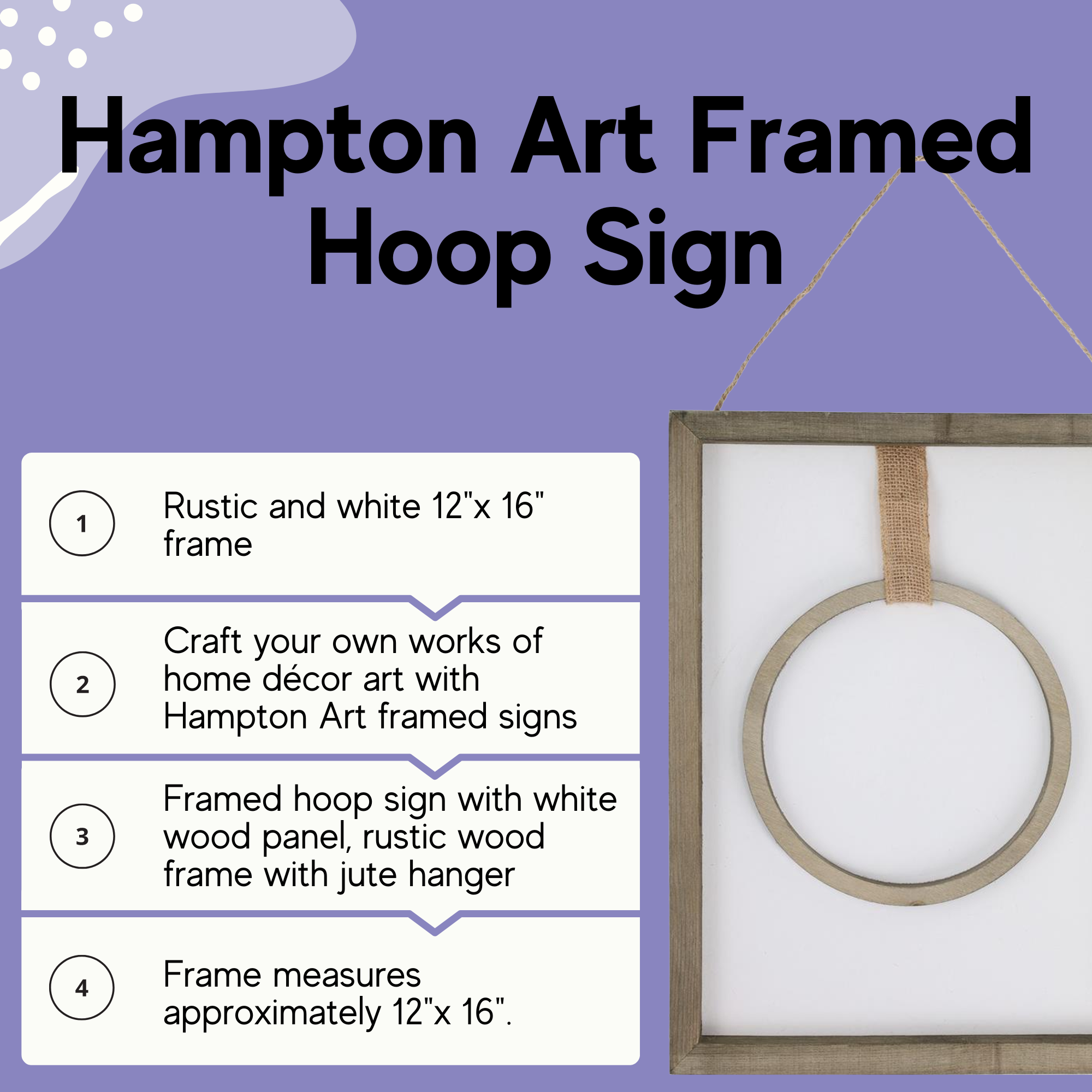 Hampton Art Wood Rustic Framed W/Hoop 12x16 White Plaques & Signs