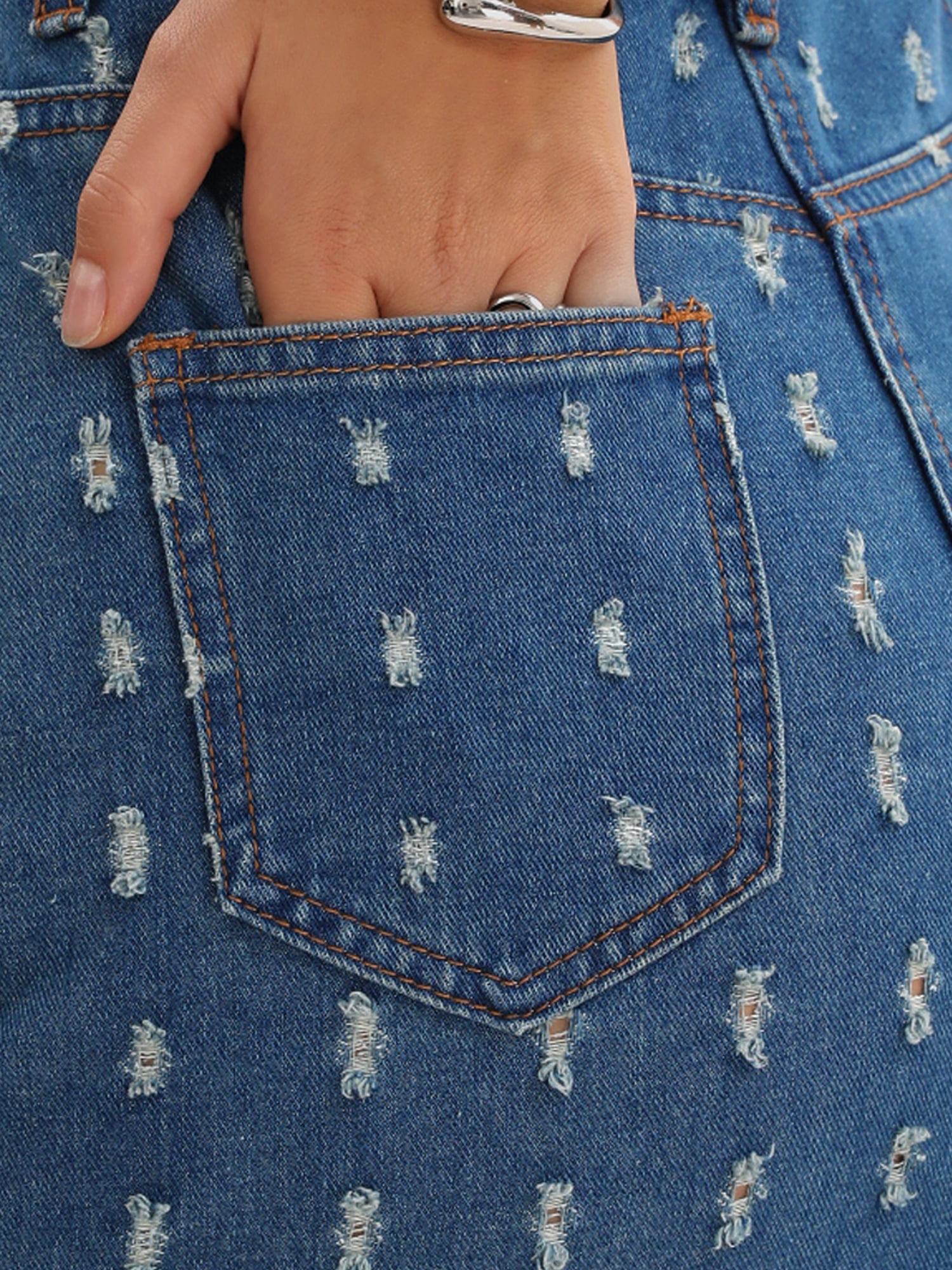 DARING DIVA Women's Denim Ripped Holes Back Slit Midi Jean Skirts X-Large Vintage Blue
