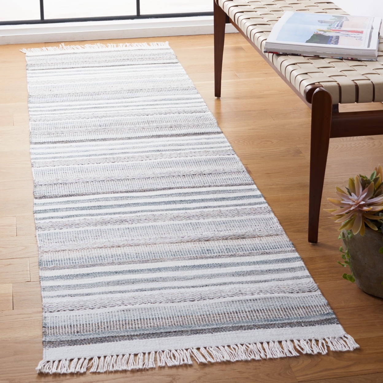 SAFAVIEH Kilim Malena Striped Polyester Runner Rug, Ivory/Grey, 2'3" x 8'