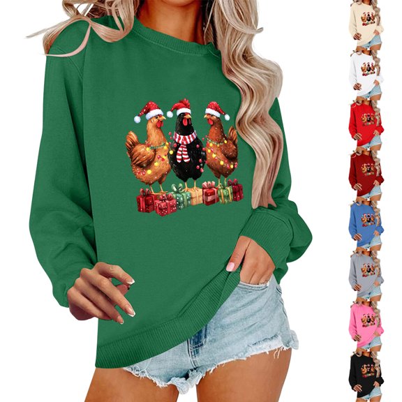 Feancey Christmas Sweatshirt Women Cute Chicken Xmas Shirt Funny Chicks Print Crewneck Sweatshirts Winter Fleece Lined Pullover Tops Green L